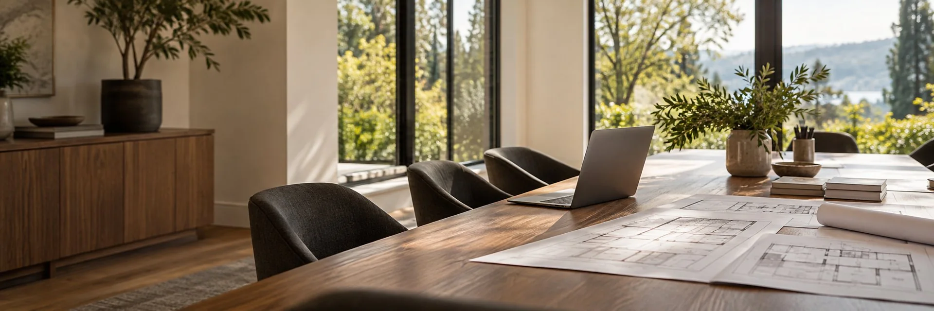 Meeting table with property plans and a laptop