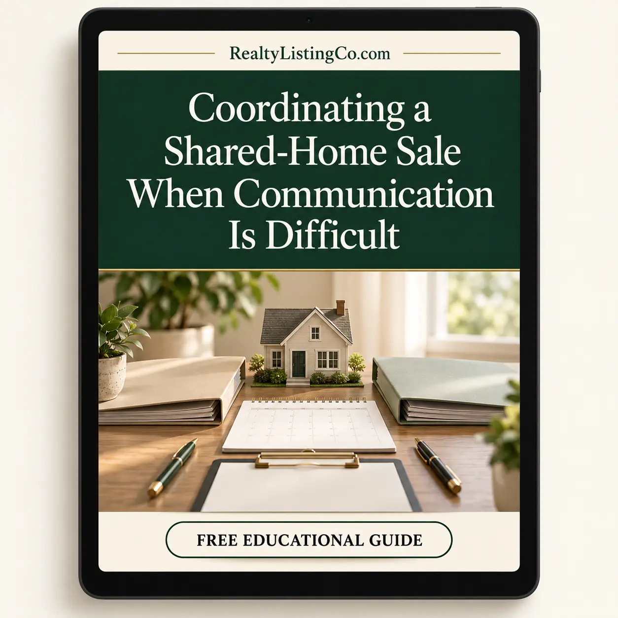 Tablet cover for Coordinating a Shared-Home Sale When Communication Is Difficult, showing a house model, two folders, a calendar and a clipboard.