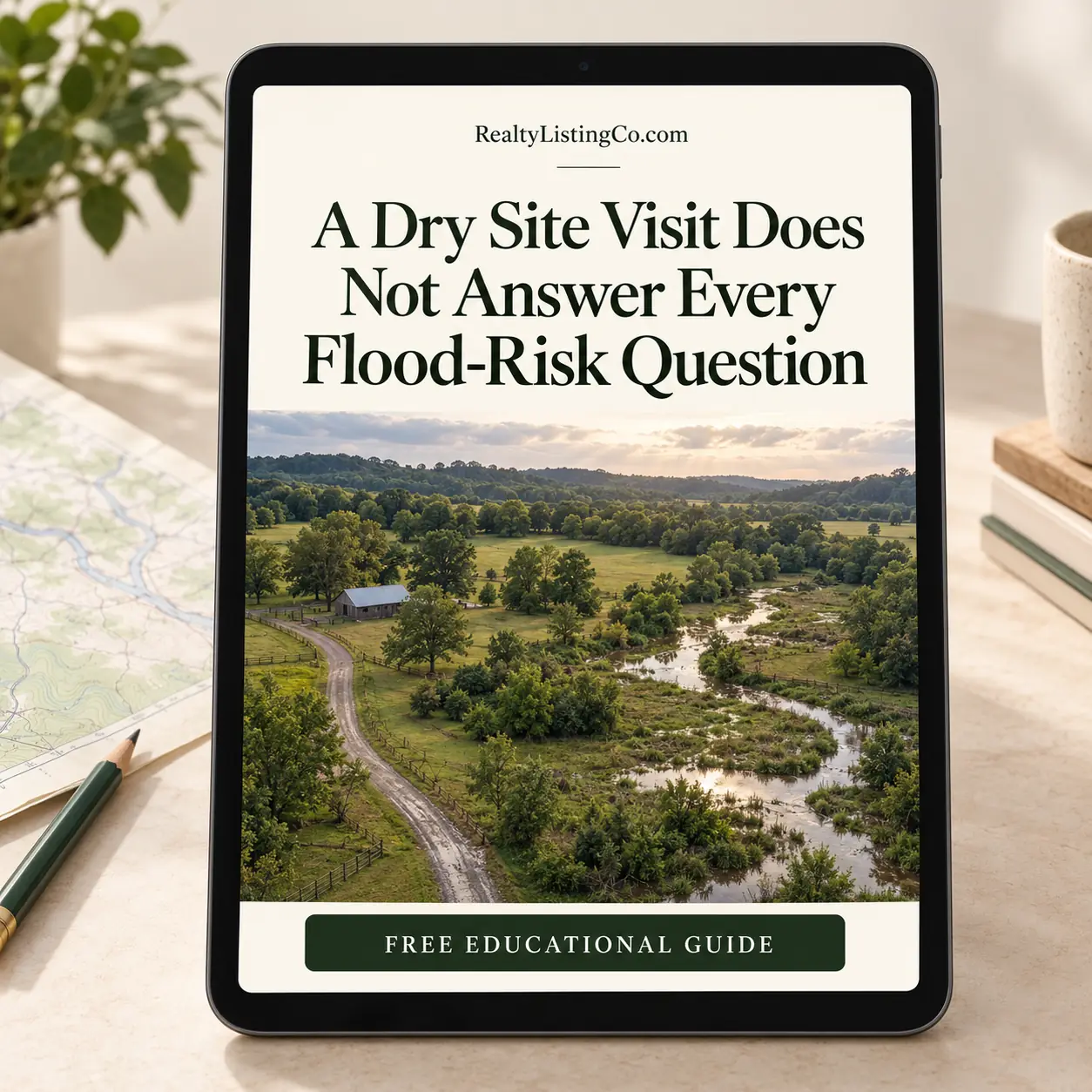 Tablet cover showing rural acreage, a creek and drainage areas for the flood-risk questions guide