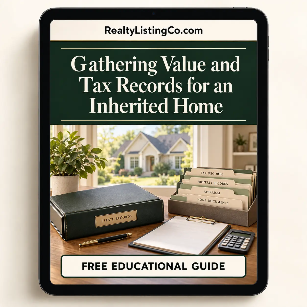 Tablet cover for Gathering Value and Tax Records for an Inherited Home, showing an organized estate binder, property record files, an appraisal clipboard and a home.
