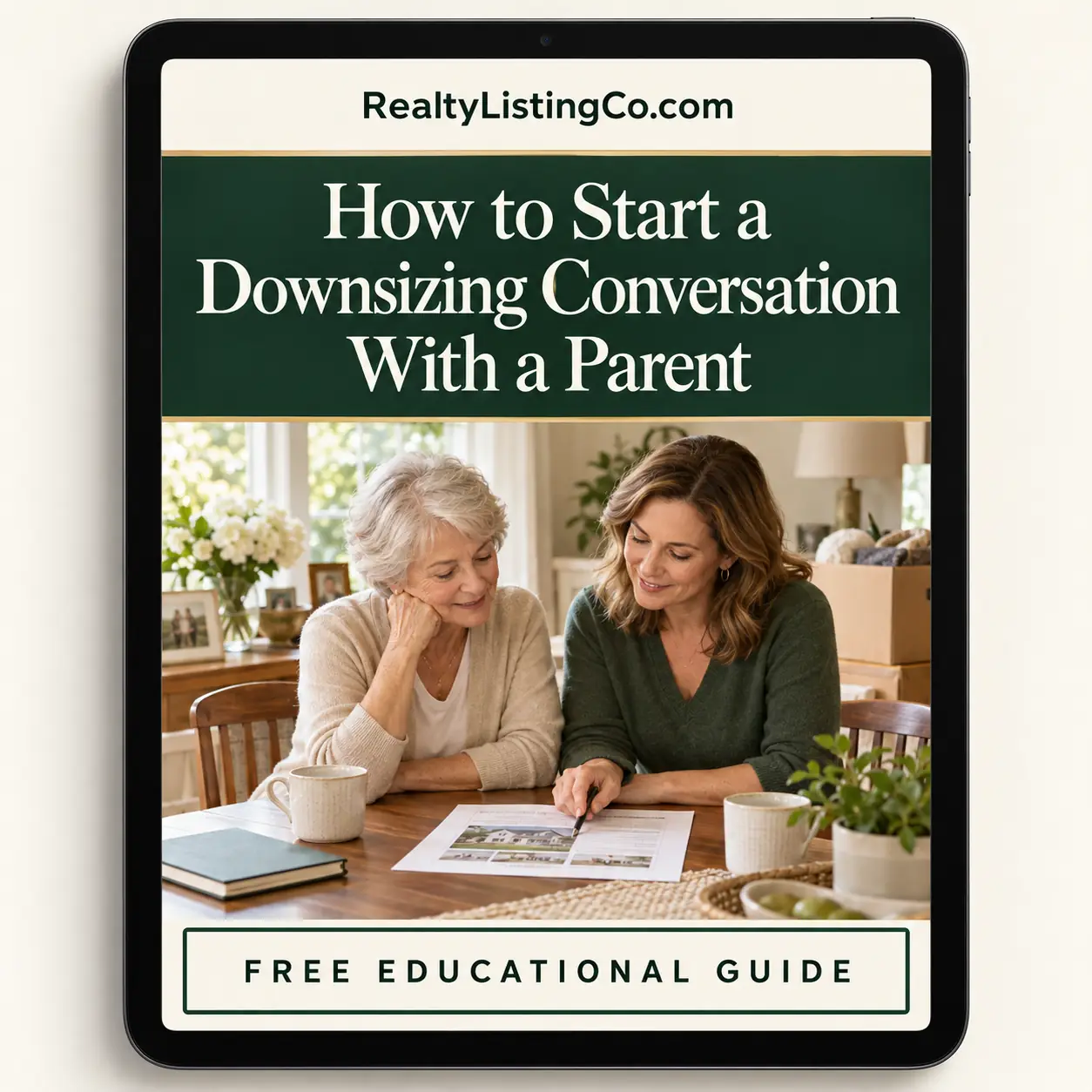 Tablet cover for How to Start a Downsizing Conversation With a Parent, showing an older homeowner and adult child calmly reviewing housing options together.