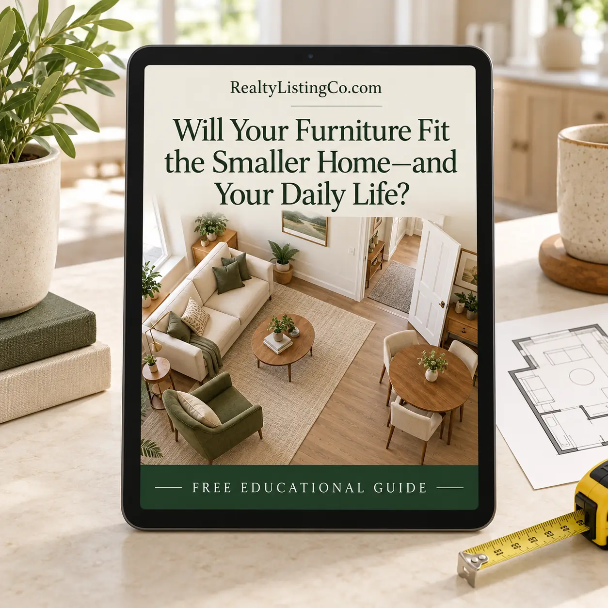 Tablet cover showing a measured smaller living room layout with a sofa, favorite chair, dining table and clear walking paths