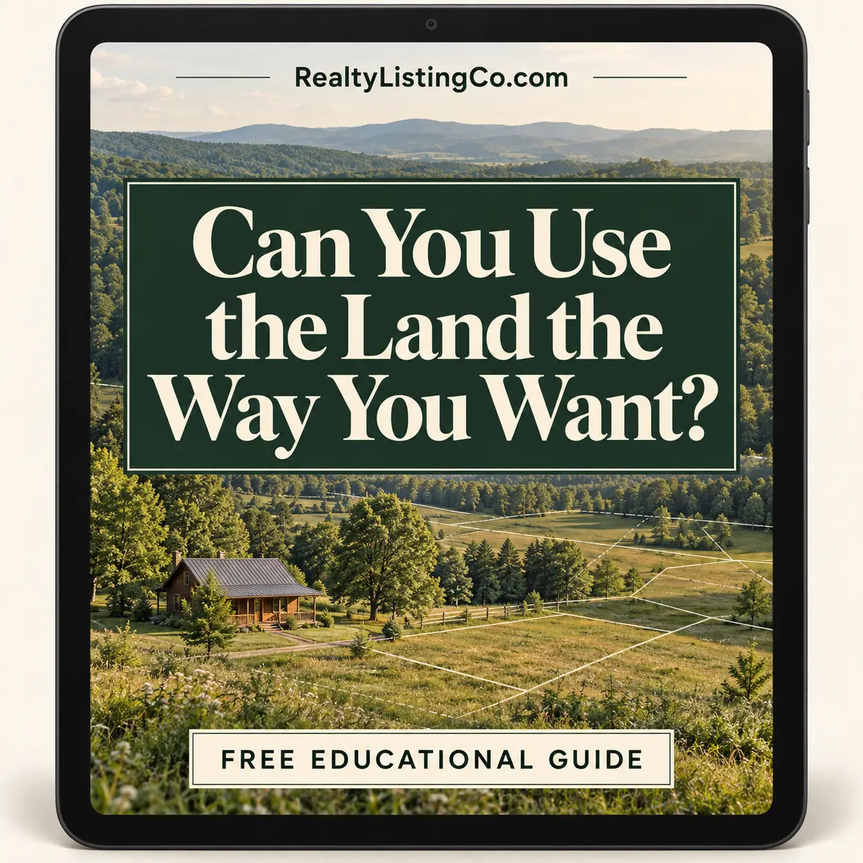 Tablet cover for Can You Use the Land the Way You Want?, showing a cabin and rural parcel boundaries.