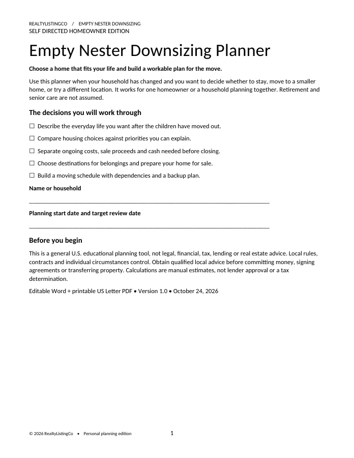 Empty Nester Downsizing Planner first page
